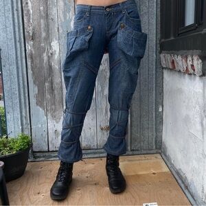 Women Vintage Blue Cargo Jeans